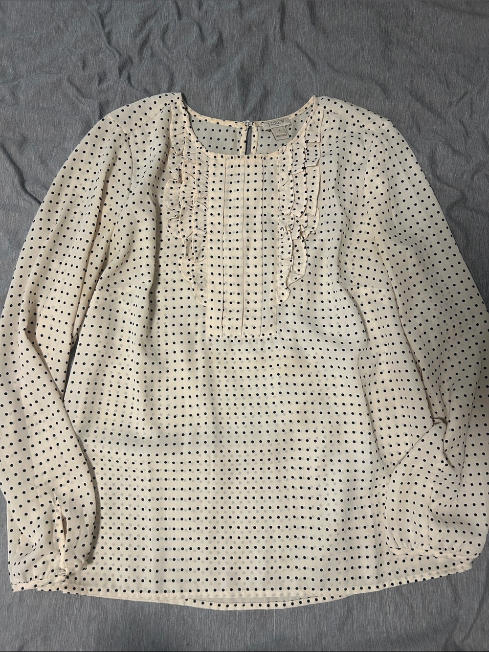 J. Crew Cream Blouse with Navy Polka Dots and Ruffle Bib